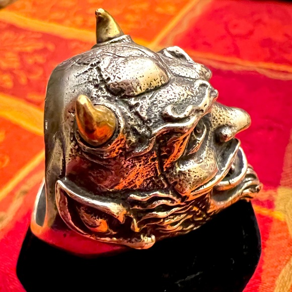 HUGE Heavy Masonic Devil Demon Sterling Silver & Bronze Biker Ring 13 - Picture 4 of 10